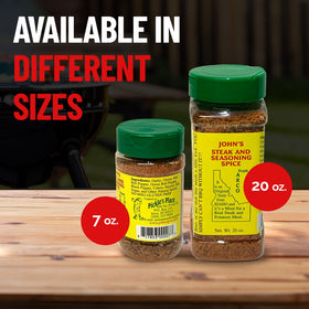 John's Steak and Seasoning Spice bottle on grill-ready setup