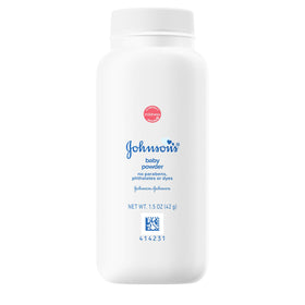 Johnson's Baby Powder packaging shows the compact 1.5 oz bottle for on-the-go use
