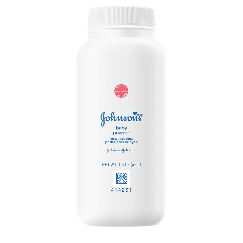 Johnson's Baby Powder packaging shows the compact 1.5 oz bottle for on-the-go use
