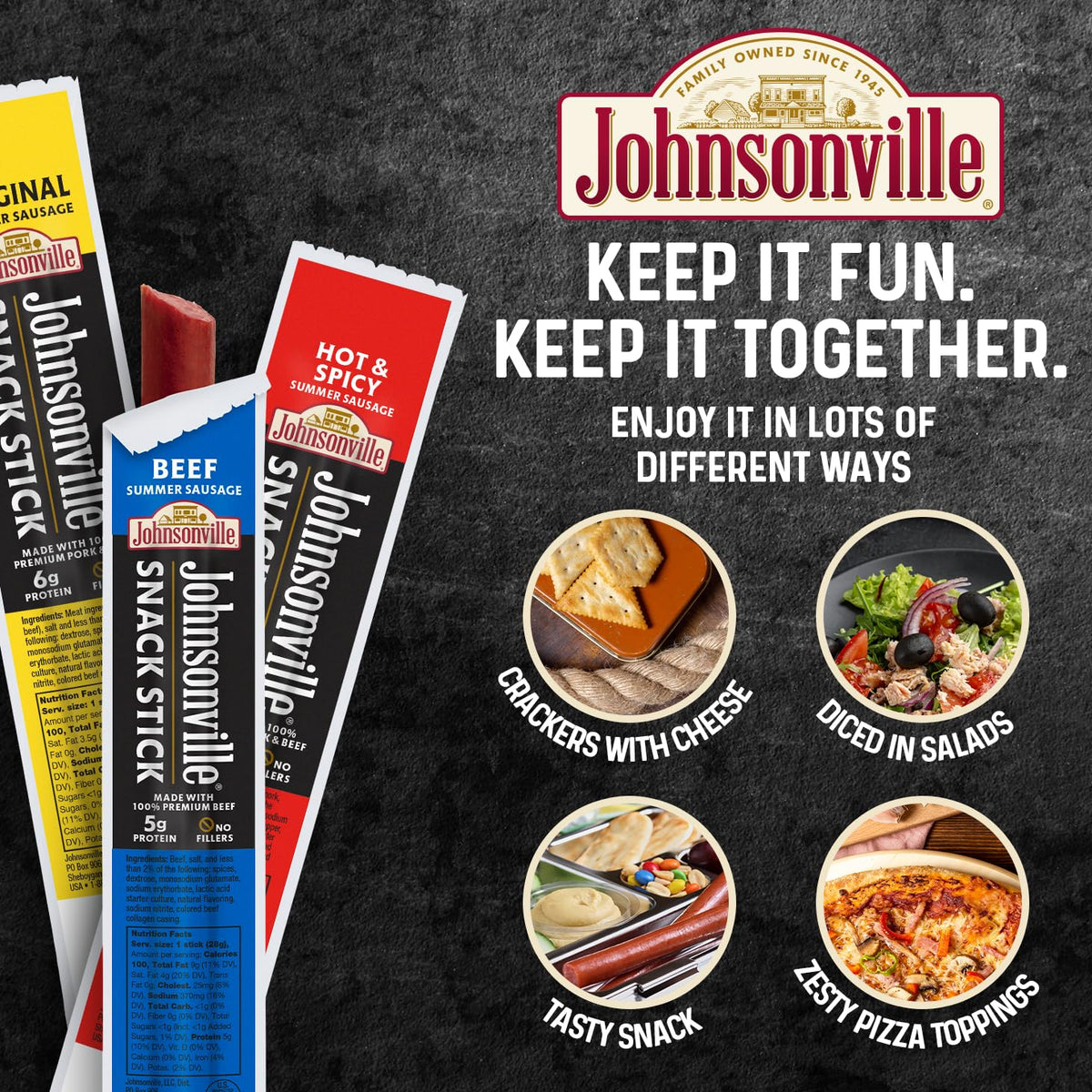 Johnsonville Summer Sausage Snack Sticks hardwood-smoked for richer taste.