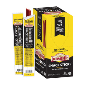 Johnsonville Summer Sausage Snack Sticks Original packaging shows classic smoky flavor.