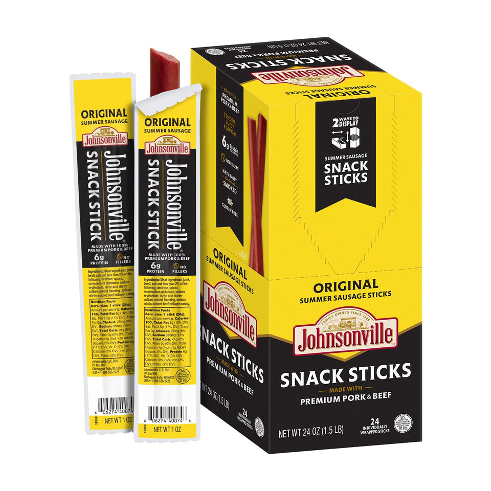 Johnsonville Summer Sausage Snack Sticks Original packaging shows classic smoky flavor.