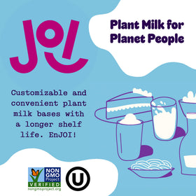 JOI Almond Milk Base packaging closeup shows sustainable glass jar