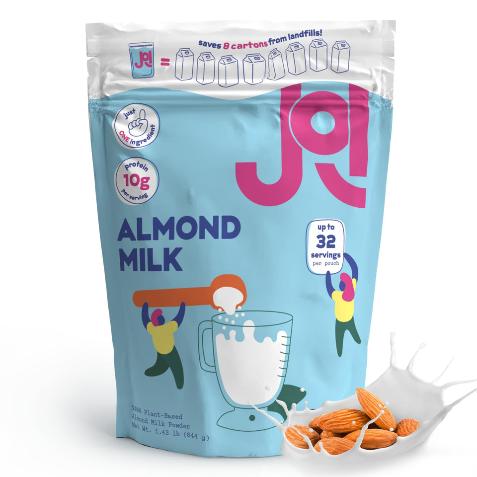 JOI almond milk powder packaging in resealable pouch for pantry convenience.