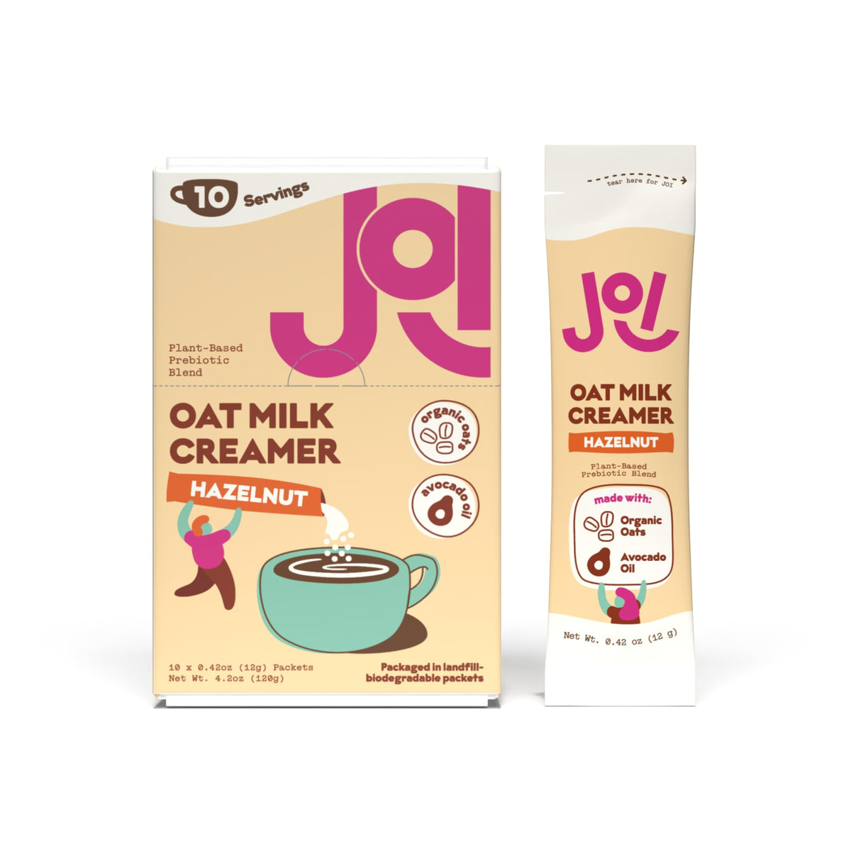 JOI hazelnut oat creamer packaging for 10ct pack, ready to add to coffee.