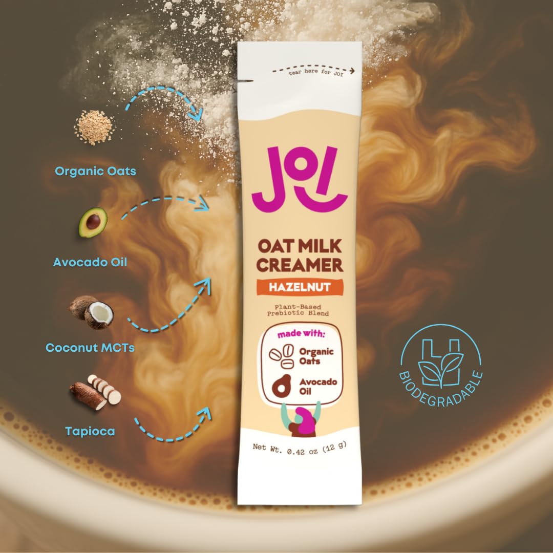 Biodegradable packaging reduces waste with JOI hazelnut creamer.