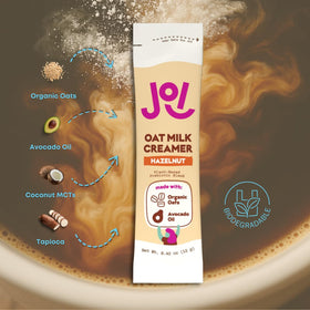 Biodegradable packaging reduces waste with JOI hazelnut creamer.