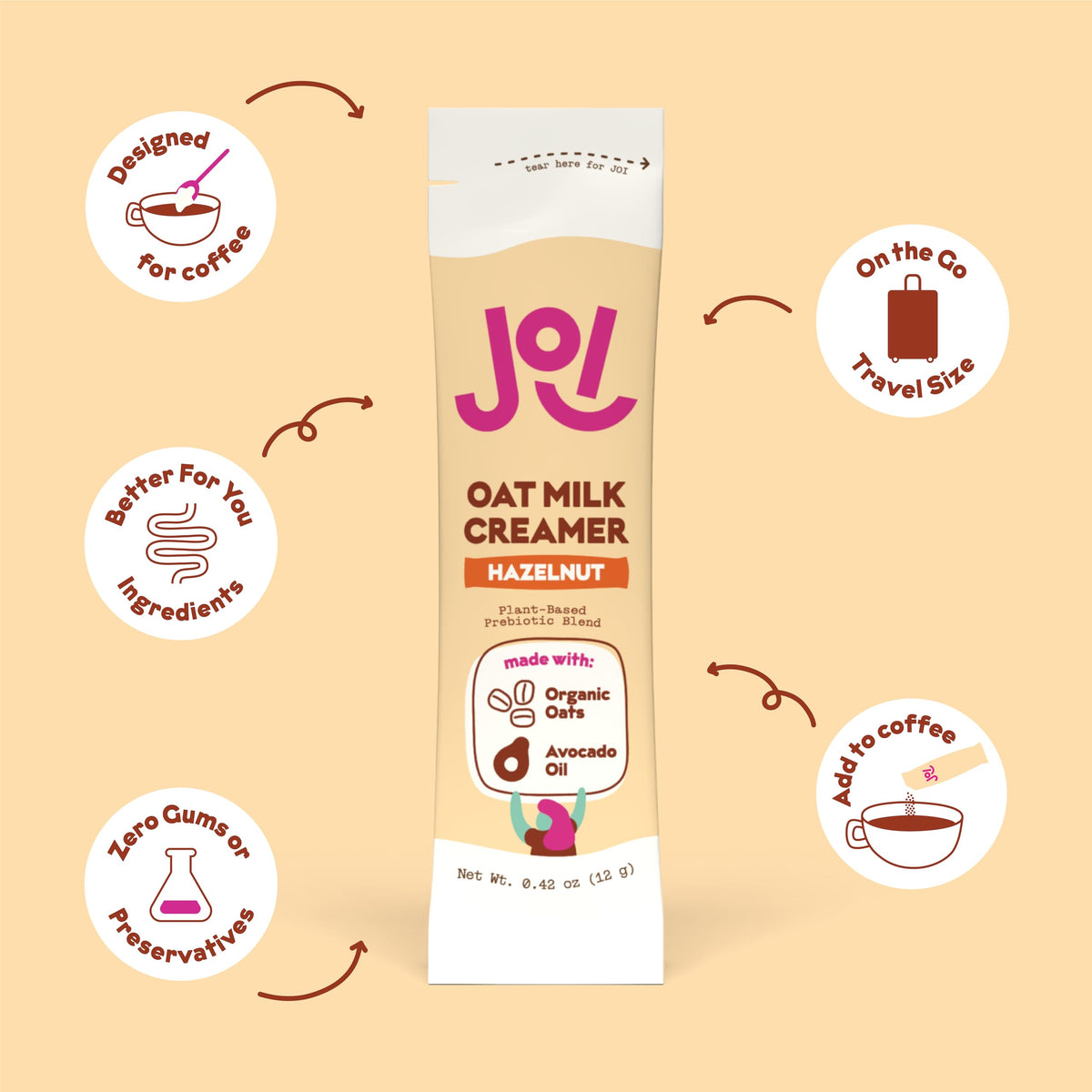 Concentrate bottle of JOI hazelnut creamer ideal for travel use.