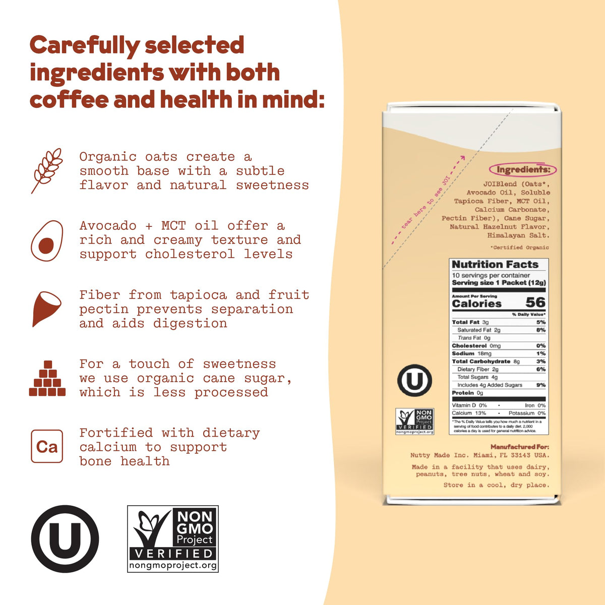 JOI hazelnut creamer ingredients highlight plant-based oats and oils.