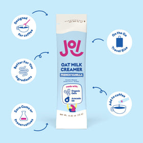 Ingredients label of JOI creamer shows organic oats and plant oils.