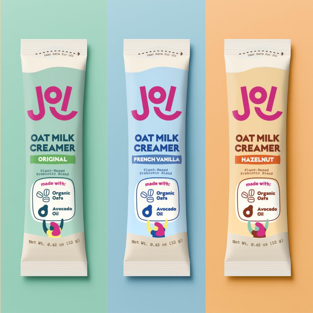 Kosher and non-GMO badge on JOI oat milk creamer packaging.