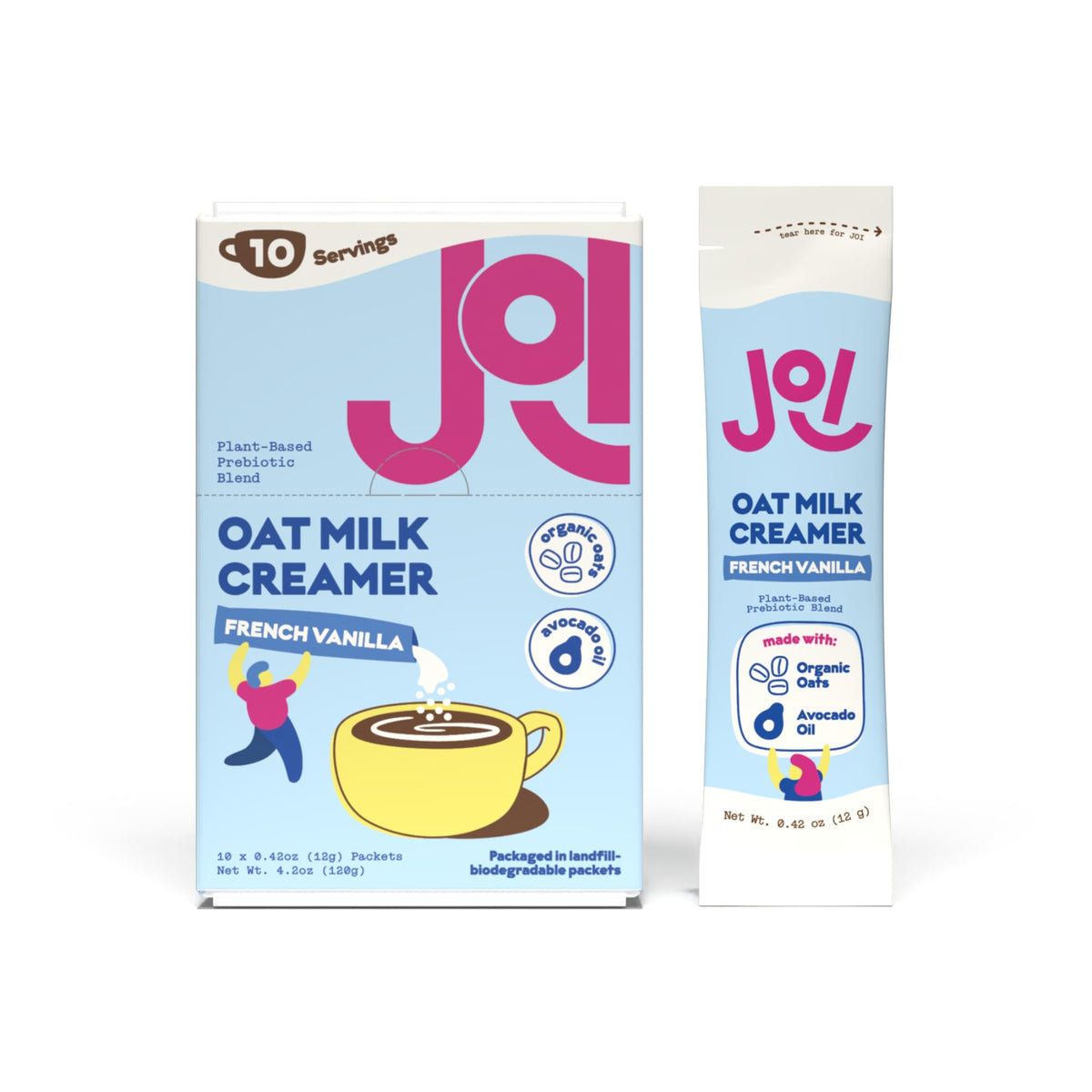 JOI oat milk creamer vanilla sachet enhances coffee texture with plant-based creaminess.
