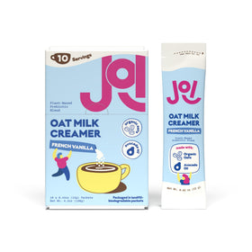 JOI oat milk creamer vanilla sachet enhances coffee texture with plant-based creaminess.