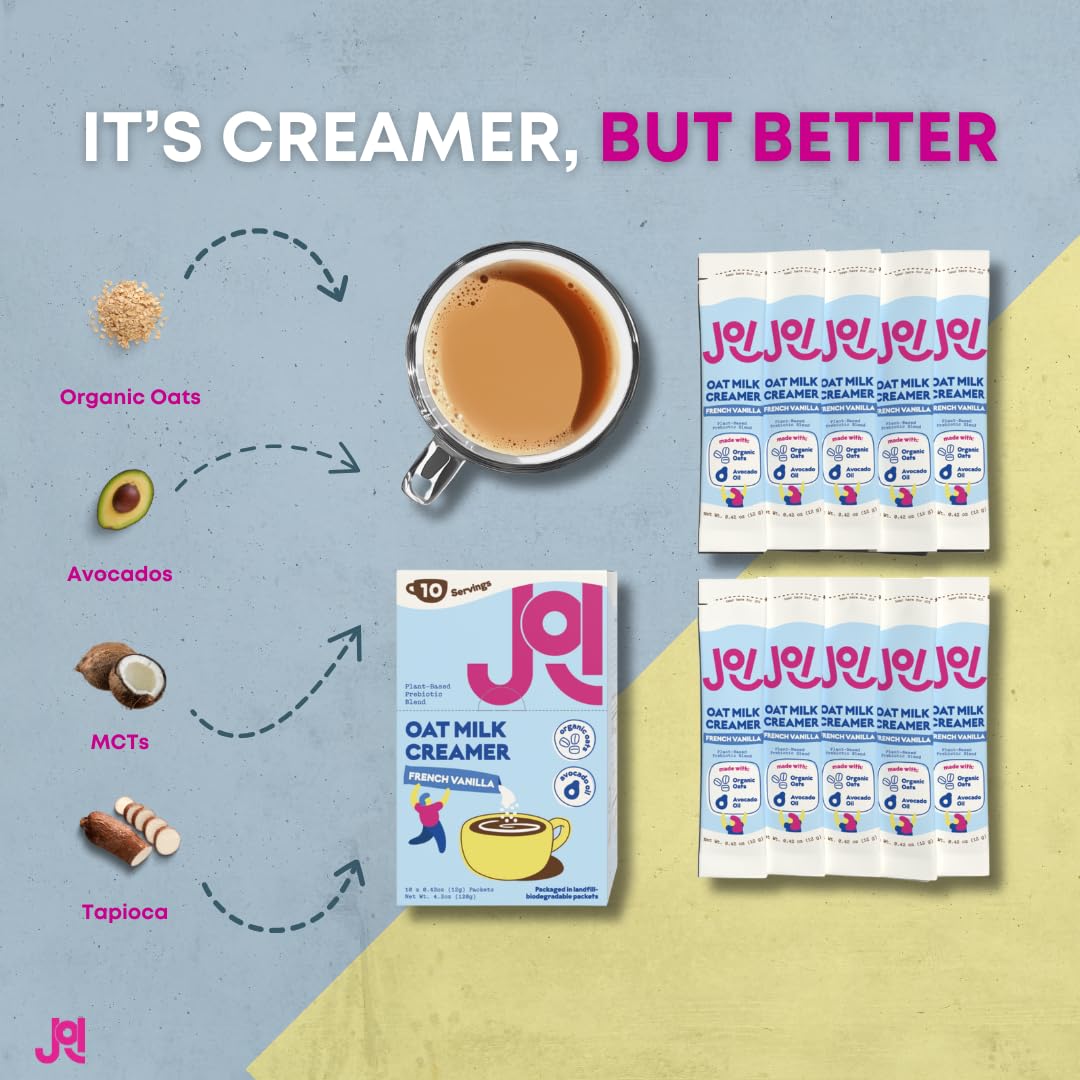 Shelf-stable JOI creamer sachets ready for pantry storage.