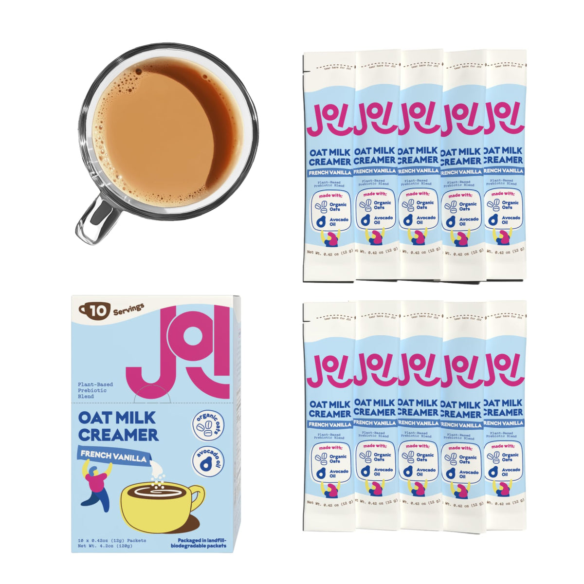 Travel pack of JOI oat milk creamer for on-the-go beverages.