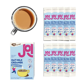 Travel pack of JOI oat milk creamer for on-the-go beverages.