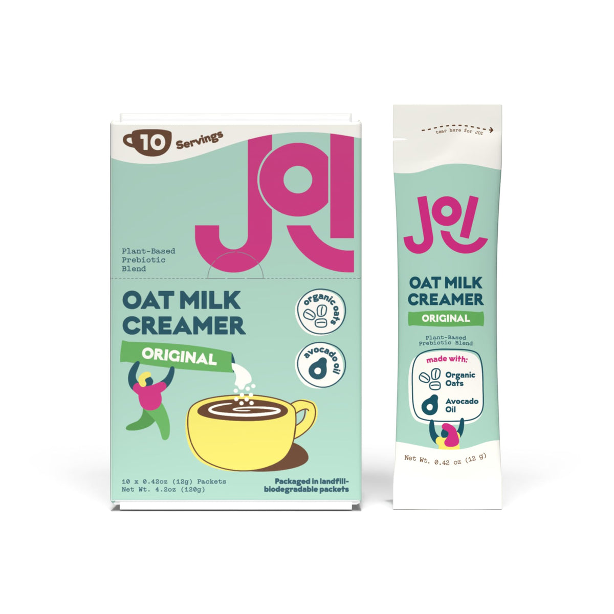 JOI oat milk creamer bottle on counter showing plant-based creaminess for coffee