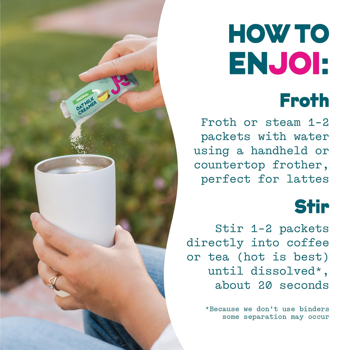 Packaging of JOI creamer emphasizes shelf-stable, pantry-ready storage