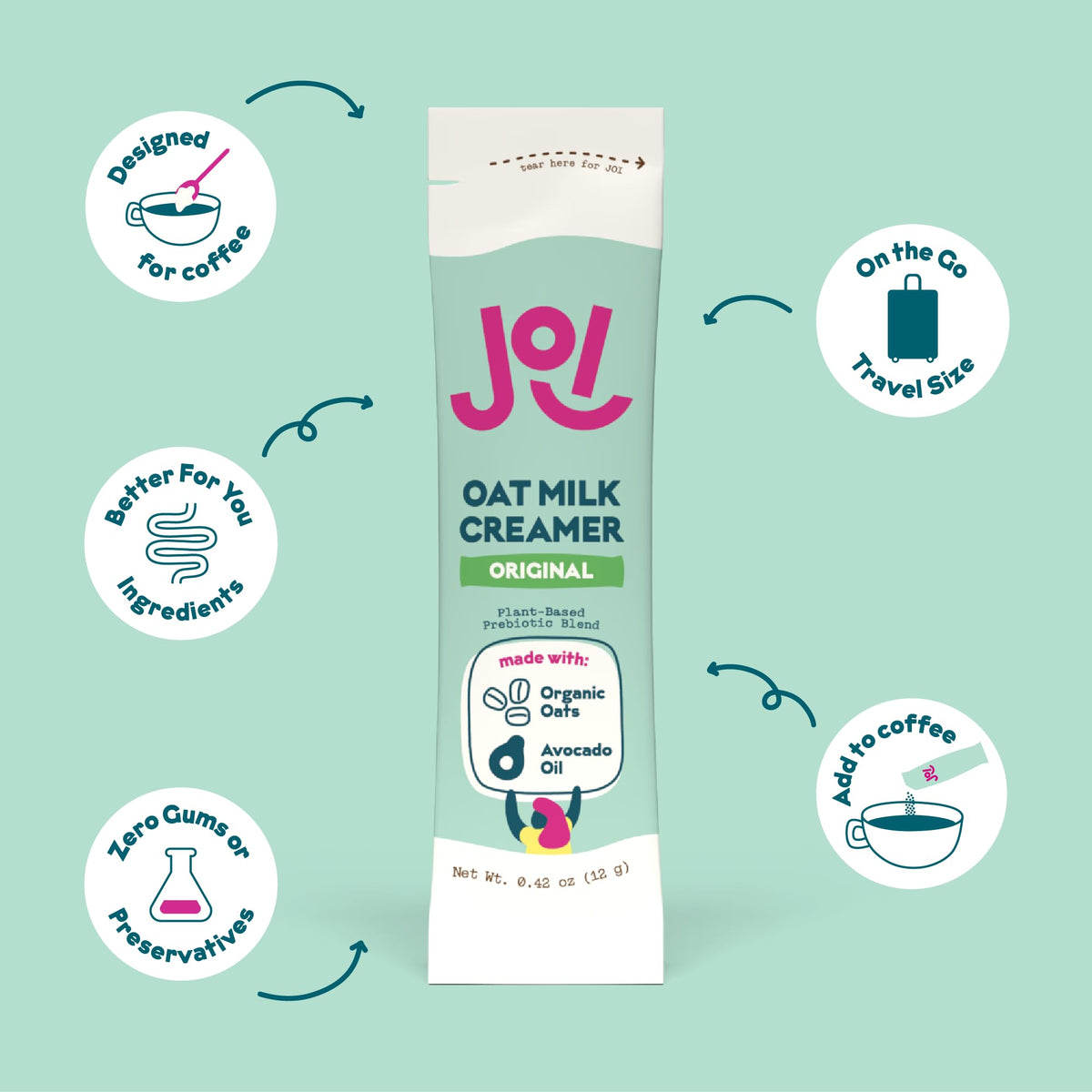Pour JOI oat milk creamer into coffee for a dairy-free silky texture