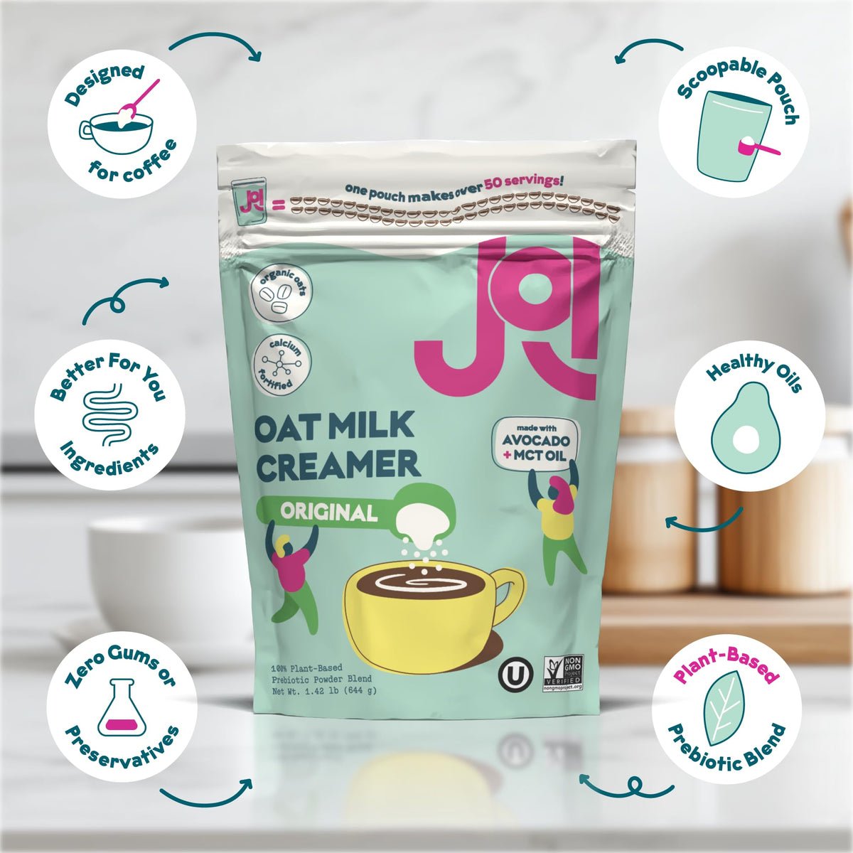 JOI oat milk creamer being poured into coffee for a creamy dairy-free result.