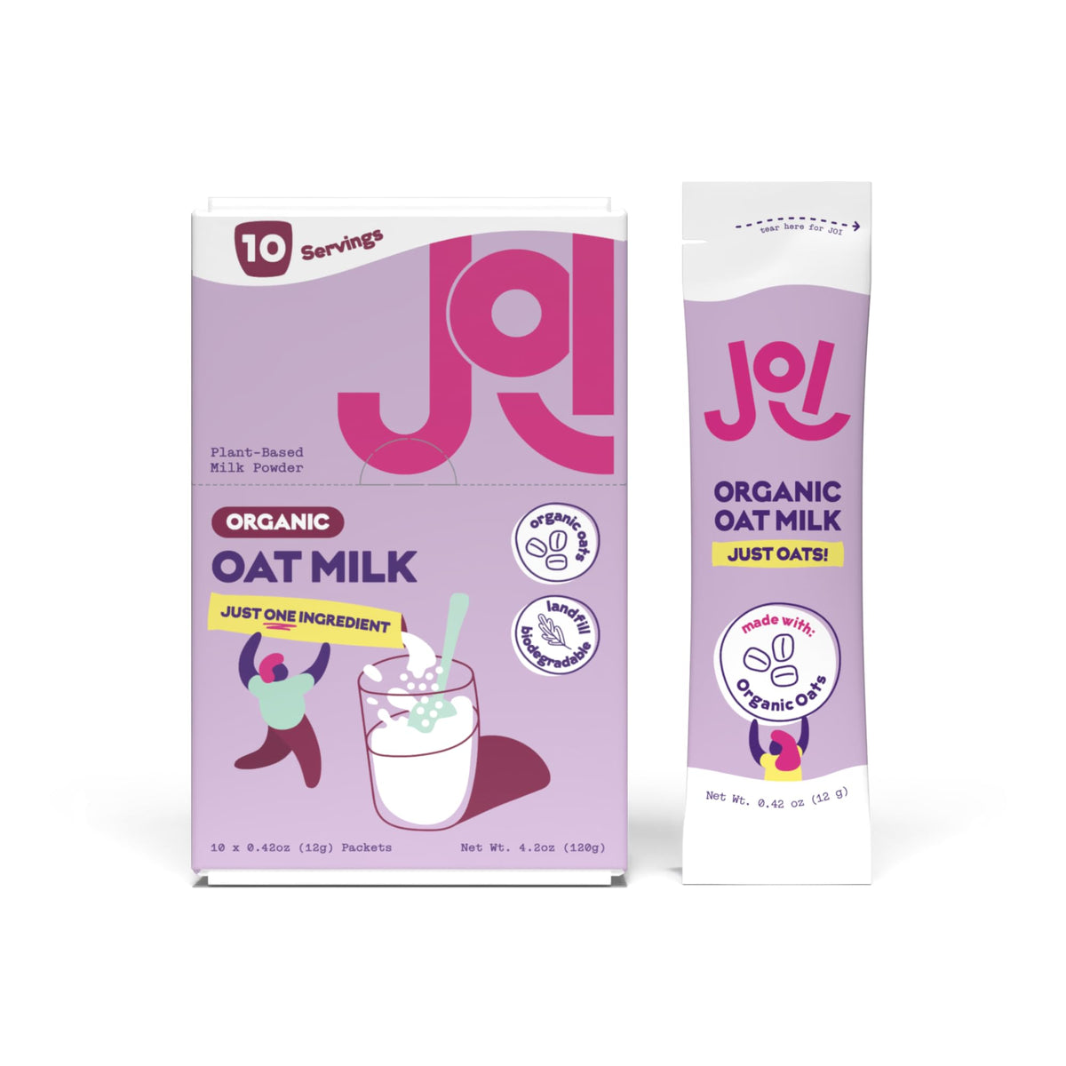 JOI organic oat milk powder in a 10-pack carton for convenient, dairy-free milk.