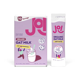 JOI organic oat milk powder in a 10-pack carton for convenient, dairy-free milk.