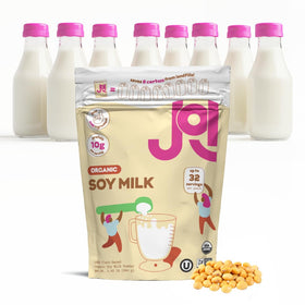 Simple ingredient list on JOI Organic Soy Milk Powder label shows organic soybeans.