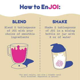 A scoop of JOI powder ready to mix into drinks for a creamy plant-based protein.