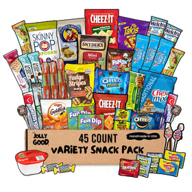 Jolly Good Care Packages 45-count snack box, ideal for gifting and sharing.