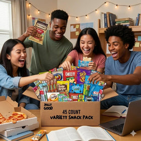 Jolly Good Care Packages variety snacks display, offering sweet, salty, and savory options.