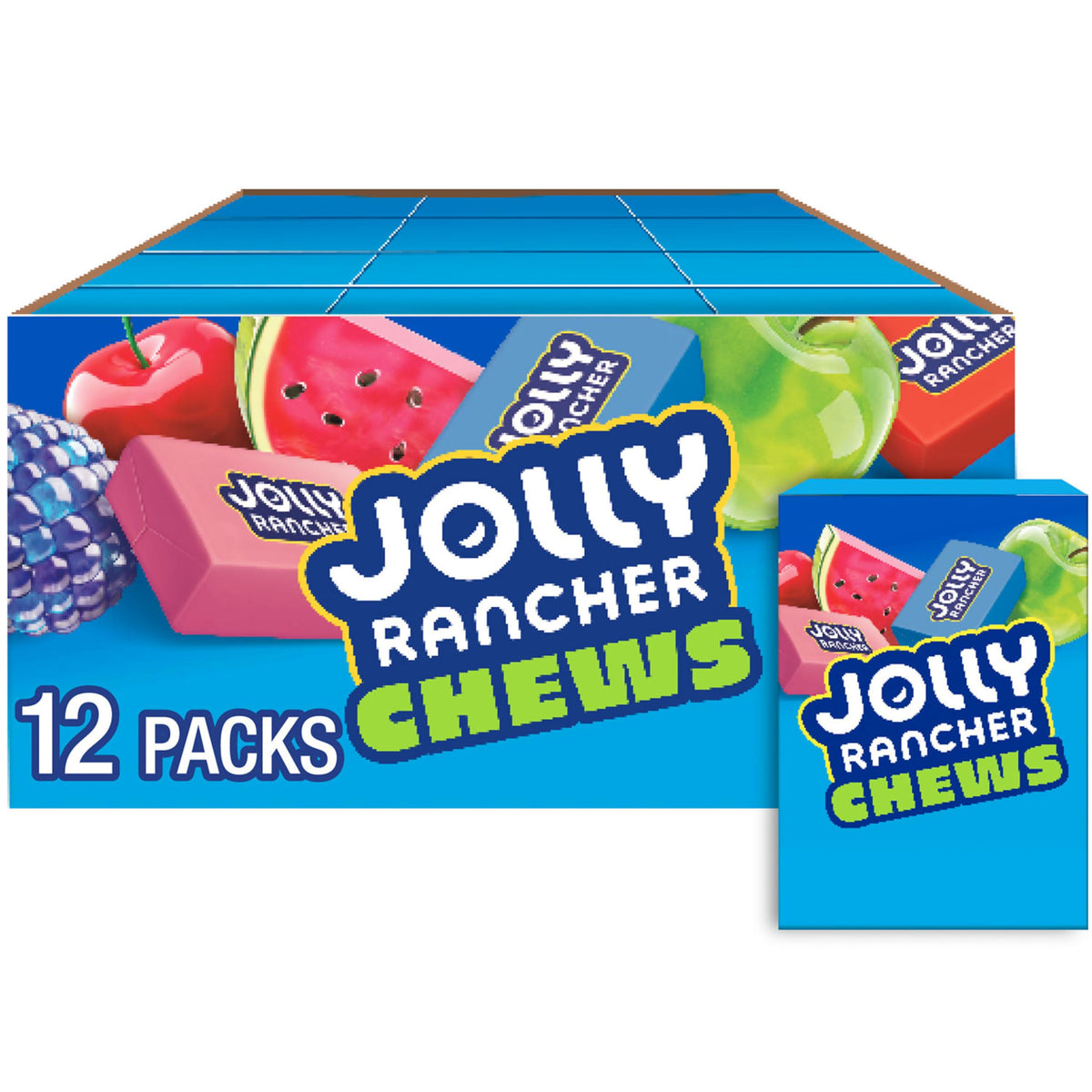 Jolly Rancher Chews box front with colorful flavors for on the go snacking