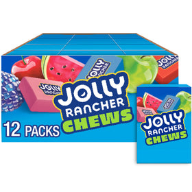 Jolly Rancher Chews box front with colorful flavors for on the go snacking