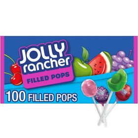 Jolly Rancher Filled Pops bulk box packaging shown for gatherings and on-the-go snacking.