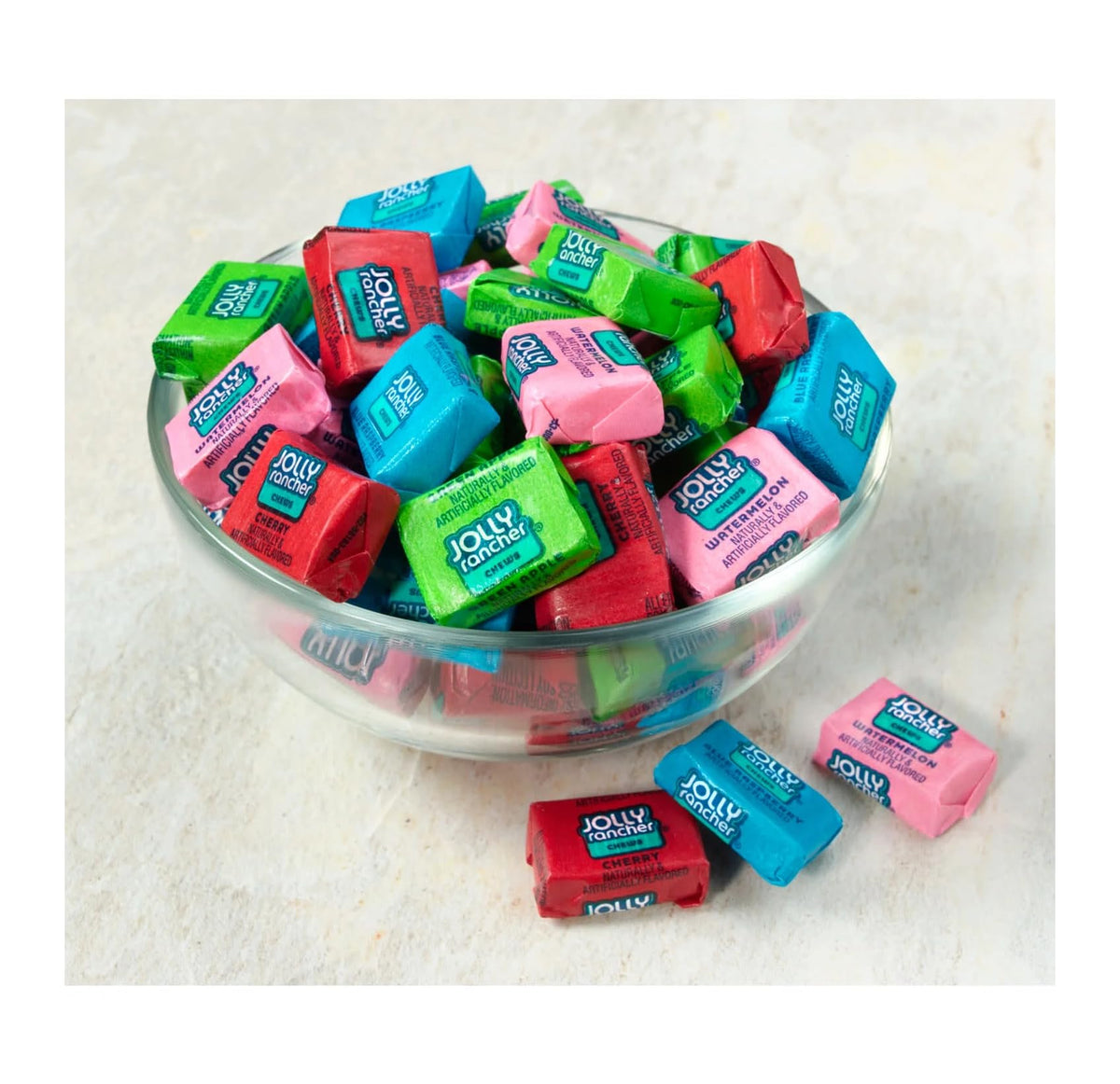 Jolly Rancher Fruit Chews close-up showing glossy colors and chewy texture.