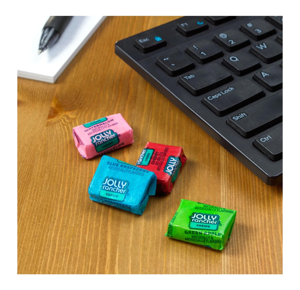 Jolly Rancher Fruit Chews color variety including green apple and blue raspberry.