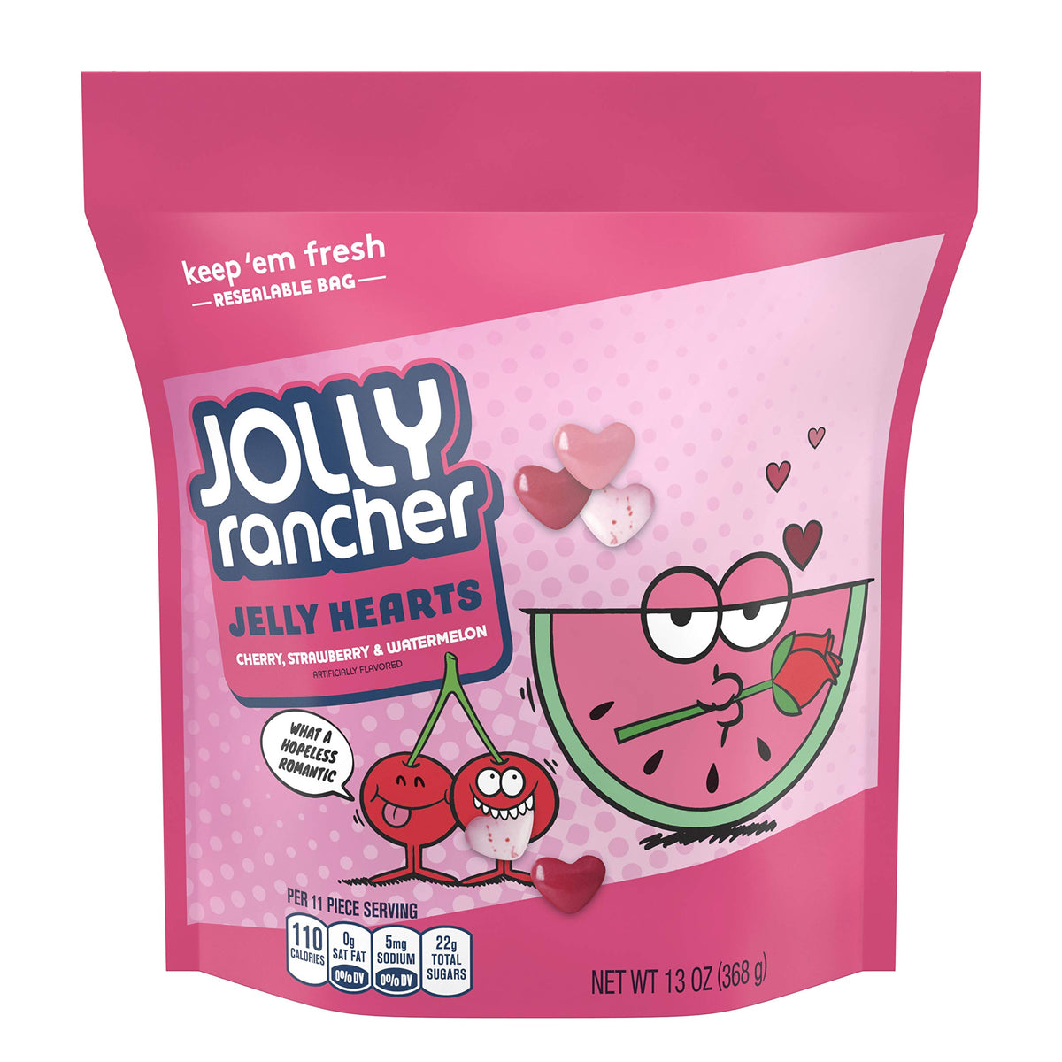 Jolly Rancher Jelly Hearts Cherry close-up in a resealable bag for sharing.