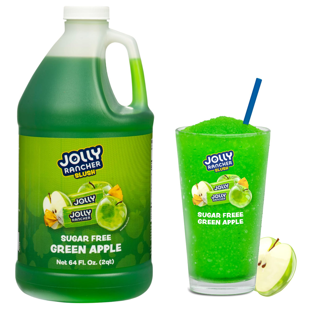 Jolly Rancher Slush Green Apple bottle for frozen drinks in machines and home use.