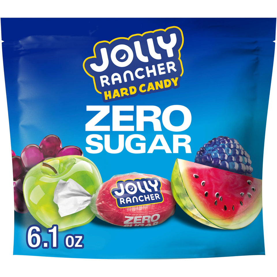 Jolly Rancher Zero Sugar bag front view showing assorted fruit flavors for a sugar-free treat.