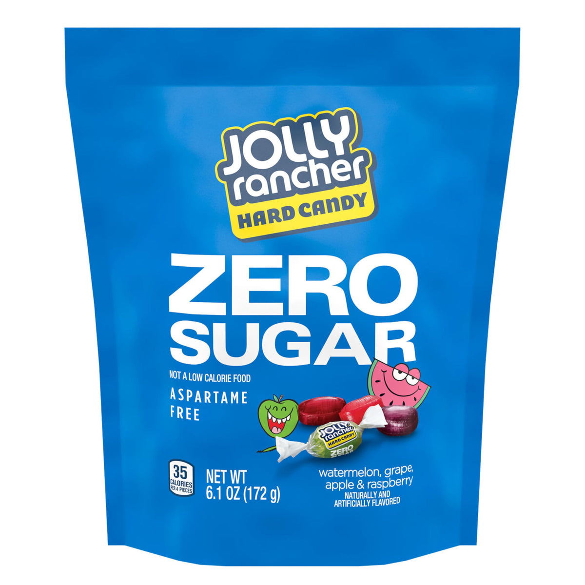 Jolly Rancher Zero Sugar candy wrappers close-up with vibrant color variety for on-the-go snacking.