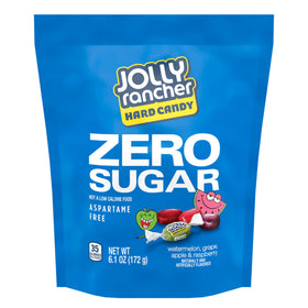 Jolly Rancher Zero Sugar candy wrappers close-up with vibrant color variety for on-the-go snacking.