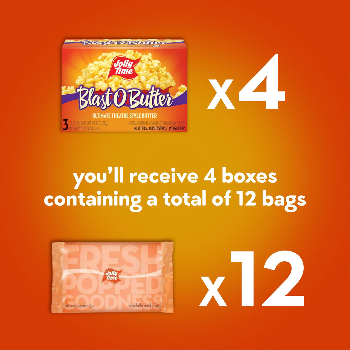 Jolly Time Blast O Butter box packaging with 12 bags for easy sharing.