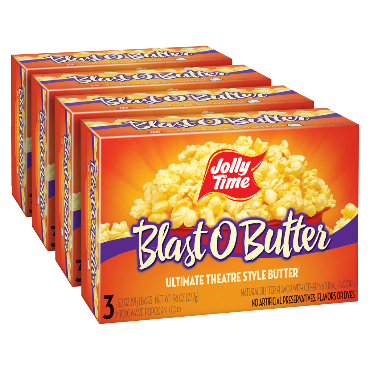 Jolly Time Blast O Butter microwave popcorn bag highlighting theater-style flavor at home.
