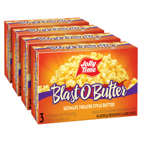 Jolly Time Blast O Butter microwave popcorn bag highlighting theater-style flavor at home.