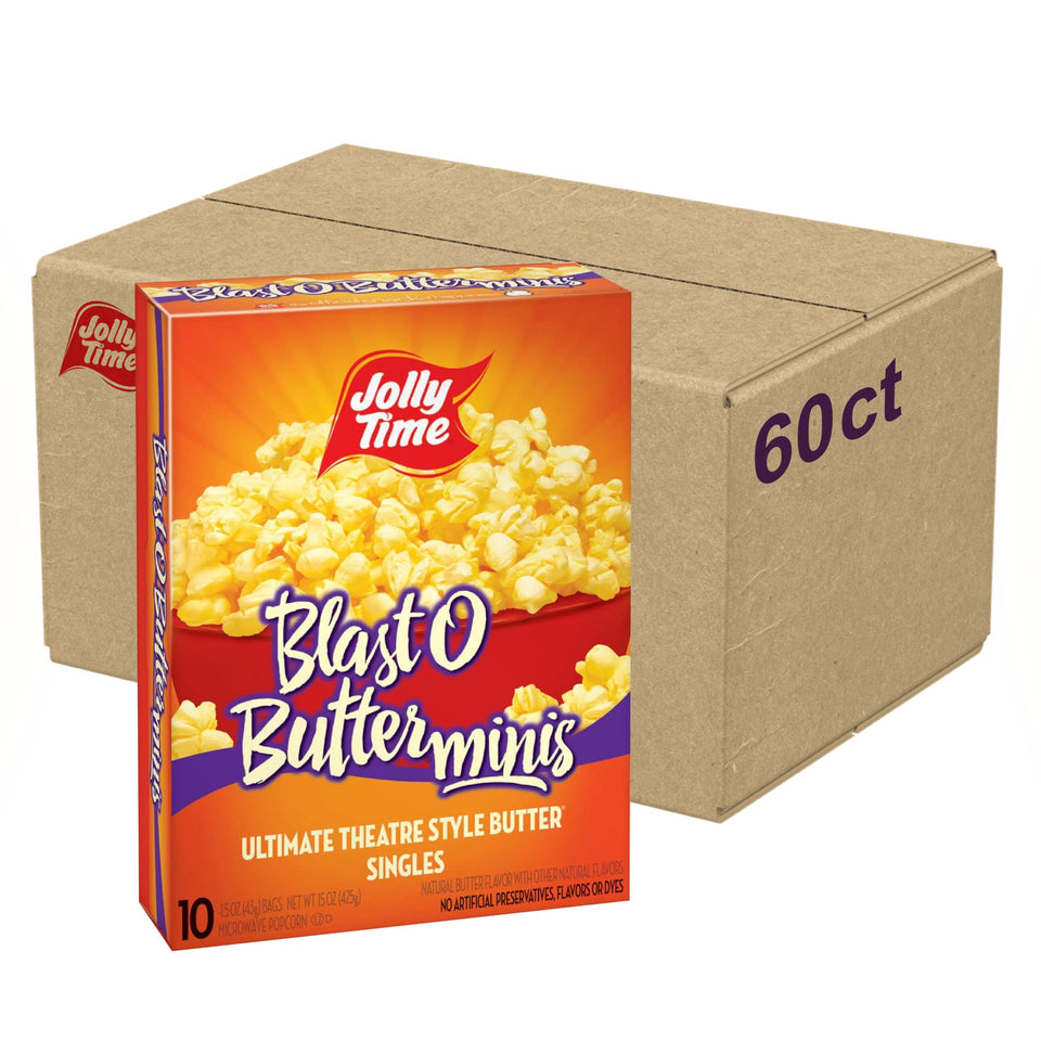 Jolly Time Blast O Butter mini bag packaging for easy movie-night snacking at home
