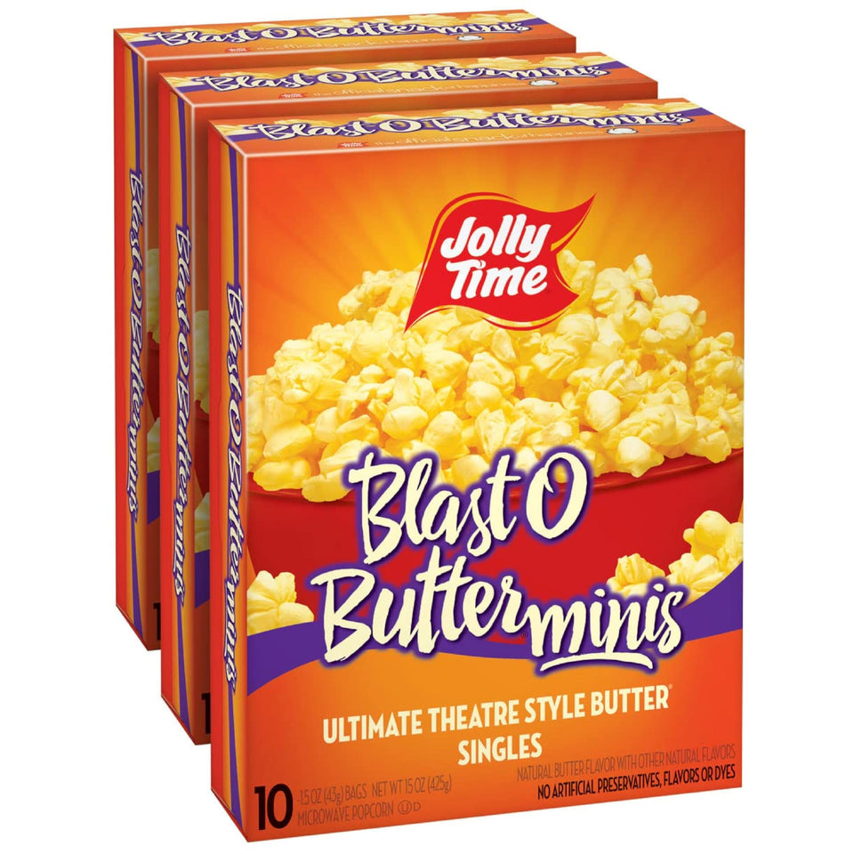 Jolly Time Blast O Butter Minis packaging on a store shelf, ready to grab.