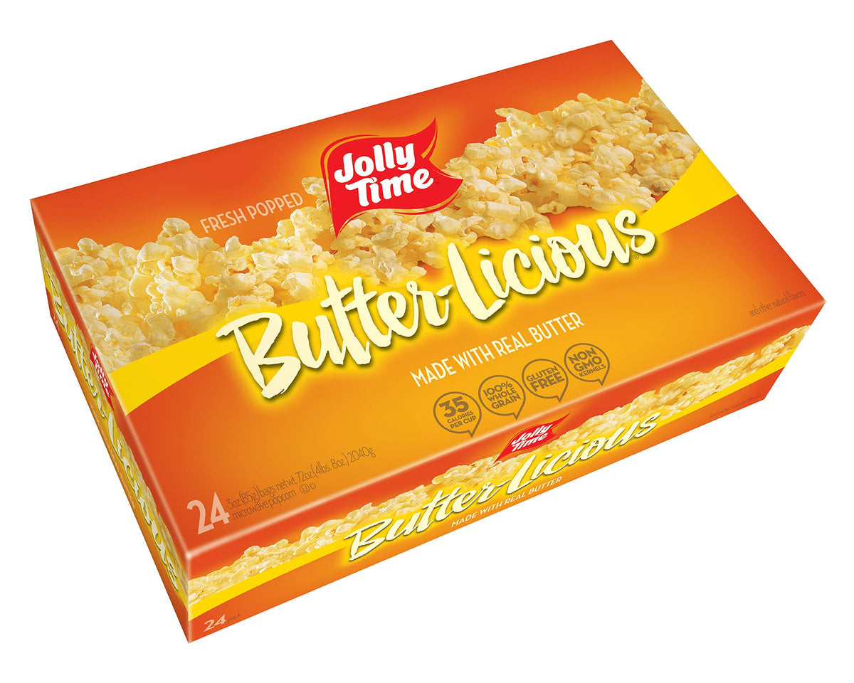 Jolly Time Butter-Licious box front shows a family-friendly snack option for gatherings