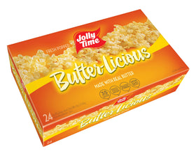 Jolly Time Butter-Licious box front shows a family-friendly snack option for gatherings