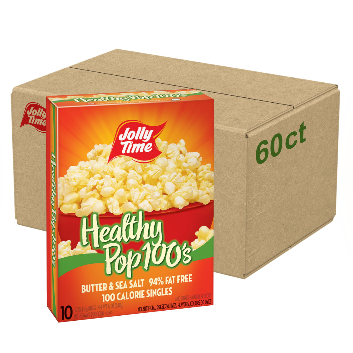 Jolly Time Healthy Pop Butter flavor popcorn bag for quick snacking.