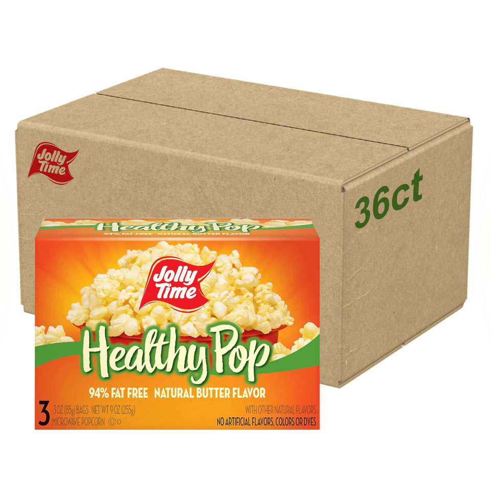 Jolly Time Healthy Pop Butter and Sea Salt box on kitchen counter for family movie nights