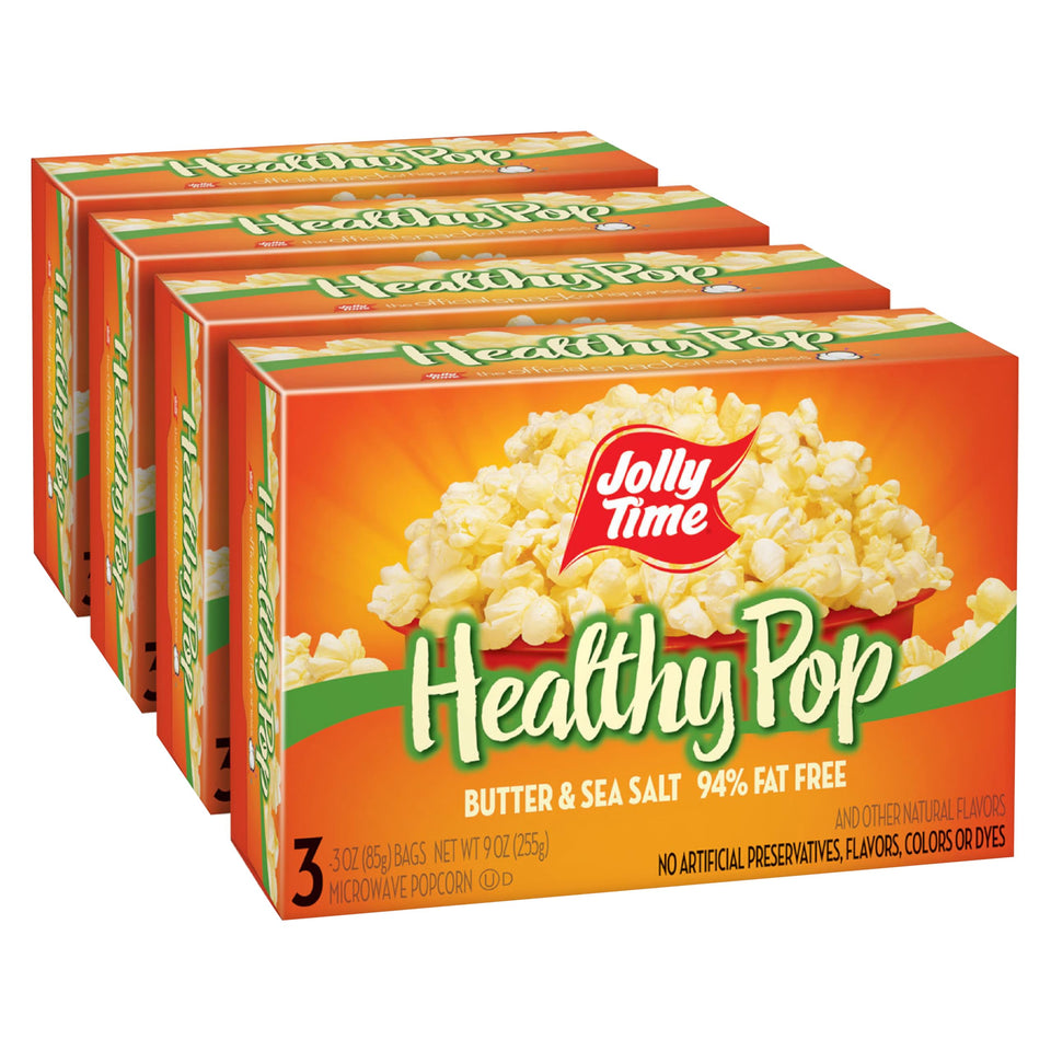 Jolly Time Healthy Pop Butter & Sea Salt packaging front view, ideal for family movie nights
